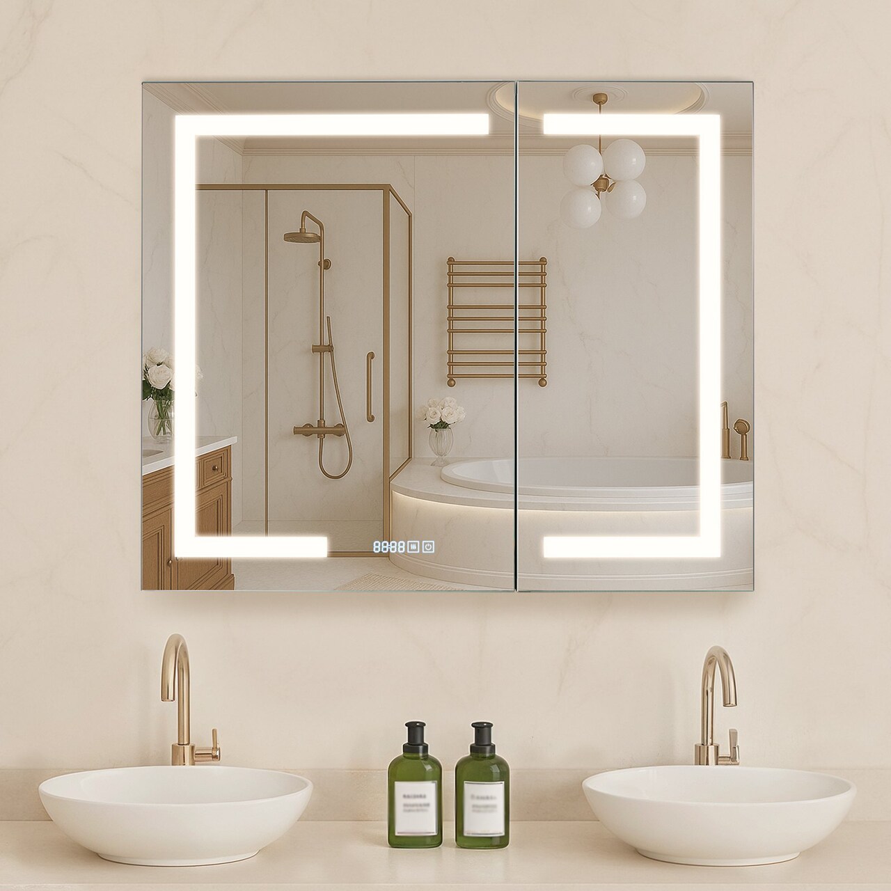 Clear LED Lighted Bathroom Mirror Cabinet with Anti-Fog, Dimmable and Shelves